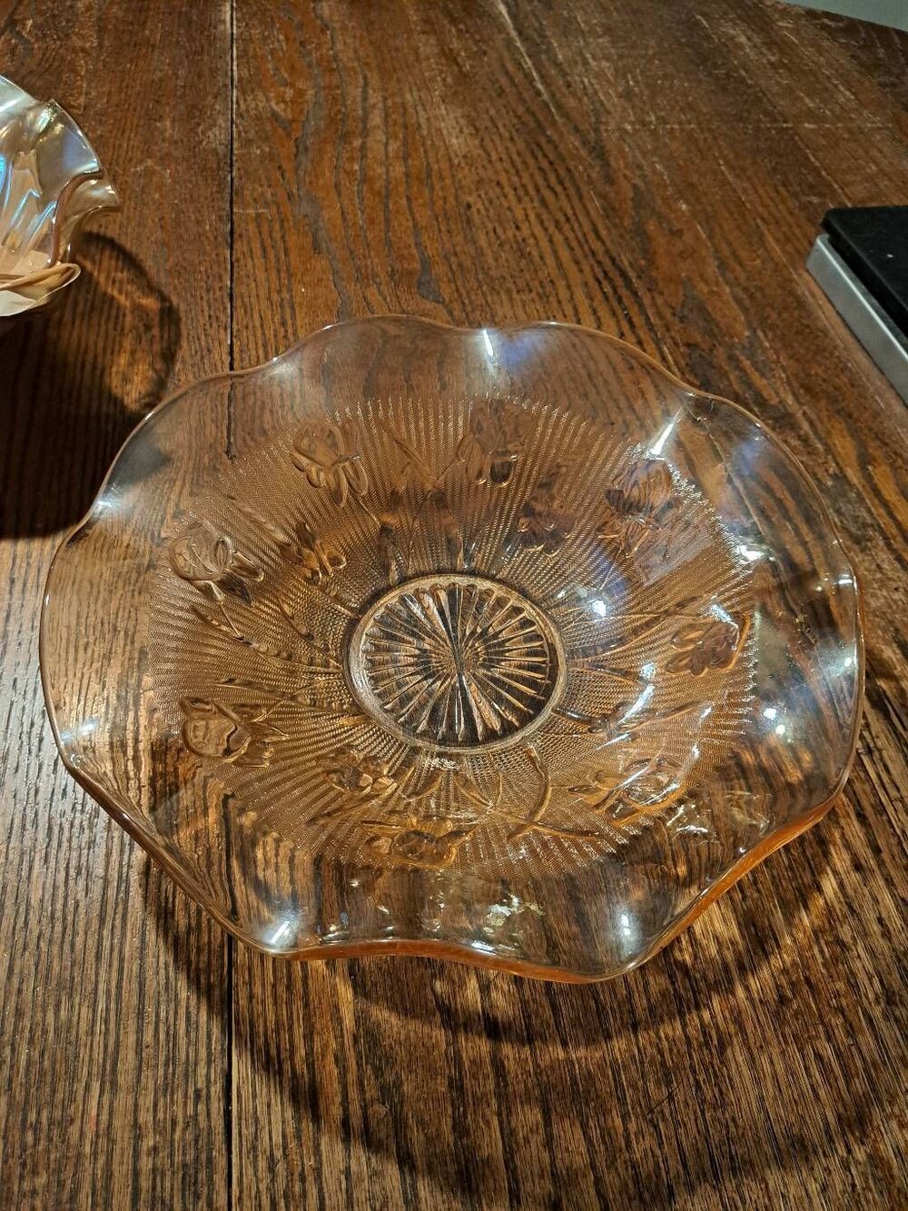 Vintage Jeanette Iris Herringbone Marigold Carnival Glass Ruffled Serving Bowl